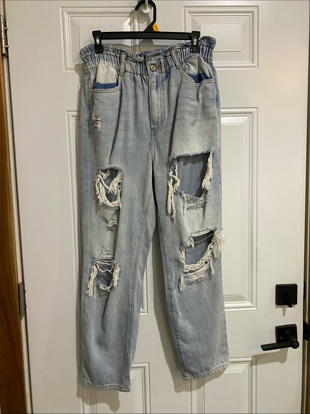 KanCan Light Wash Distressed Paperbag Waist Relaxed Jeans